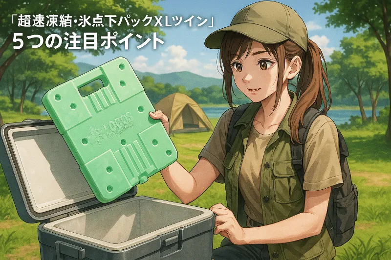 キャンプ場で若い女性キャンパーがクーラーボックスからロゴス「超速凍結・氷点下パックXLツイン」を取り出している様子。夏の明るい雰囲気で湖が背景に広がる。