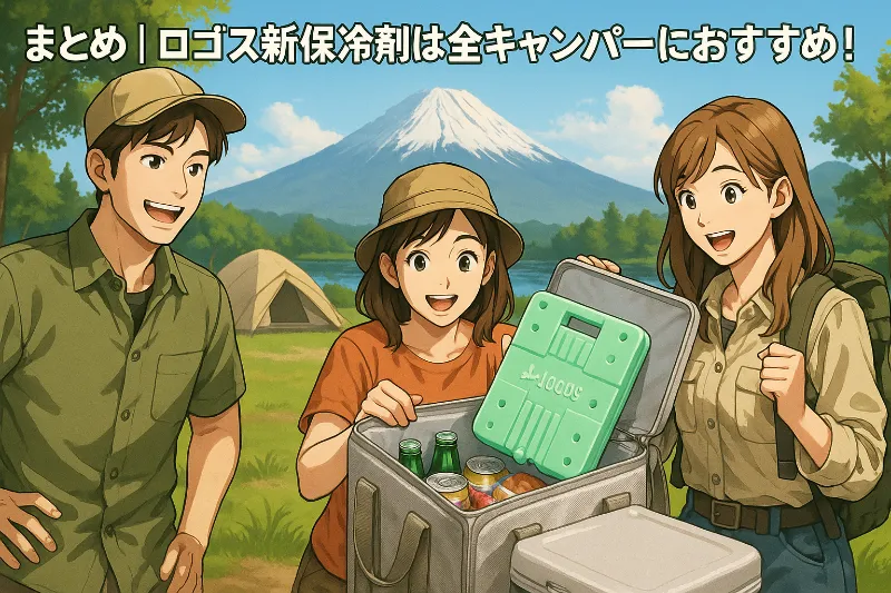 富士山を背景にした夏の人気キャンプ場で、若い男女のキャンパーグループが笑顔で食事準備をする様子。クーラーボックスの中にはロゴス「XLツイン」が見える。