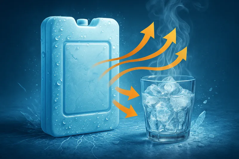 凍った保冷剤が溶けながら周囲の熱を吸収していく様子をイメージした高精細なイラスト。氷や分子構造、潜熱の流れを視覚的に表現。