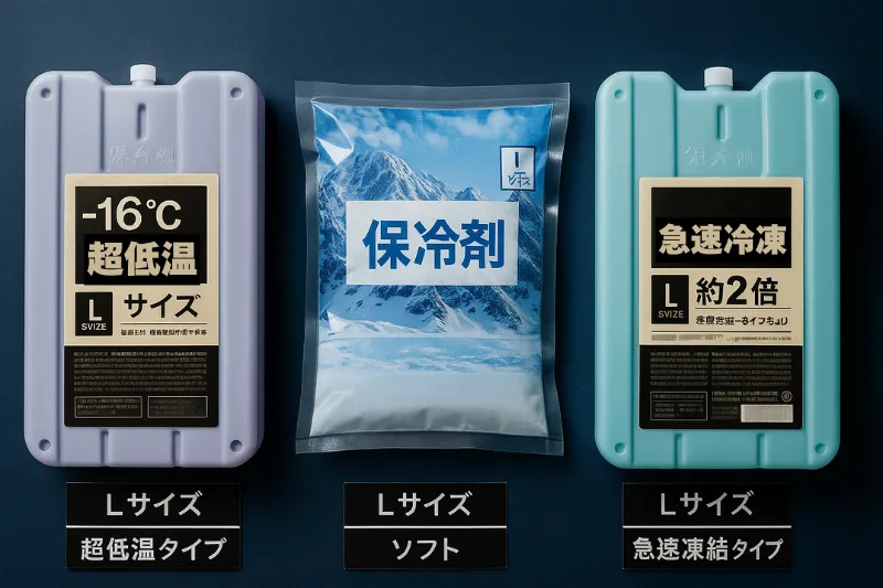 ハードタイプ・ソフトタイプ・急速凍結タイプの保冷剤3種類を並べて比較したデジタルイメージ。形状や質感の違いが一目でわかる構成。