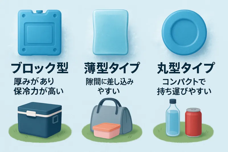 ブロック型・薄型・丸型の3種類の保冷剤が並んでおり、それぞれの形状の違いと使用シーンを視覚的に伝えるイメージ。冷却シーンに応じた選び方を示唆するハイセンスな16:9画像。