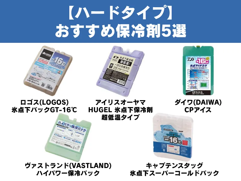 ハードタイプ保冷剤のおすすめ5製品が横一列に並んだ商品イメージ|【ハードタイプ】おすすめ保冷剤5選のアイキャッチ画像用ビジュアル