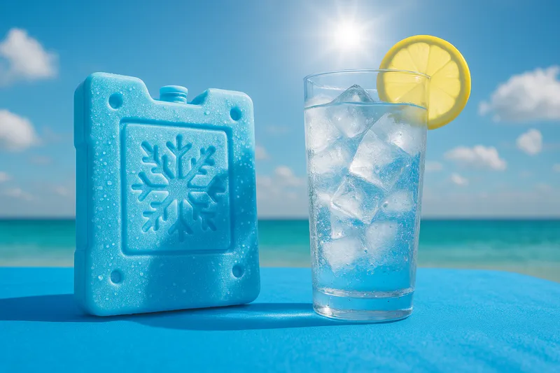 夏のアウトドアで活躍する保冷剤と冷えた飲み物が並ぶ写真。涼しさと快適なひとときを象徴するイメージ