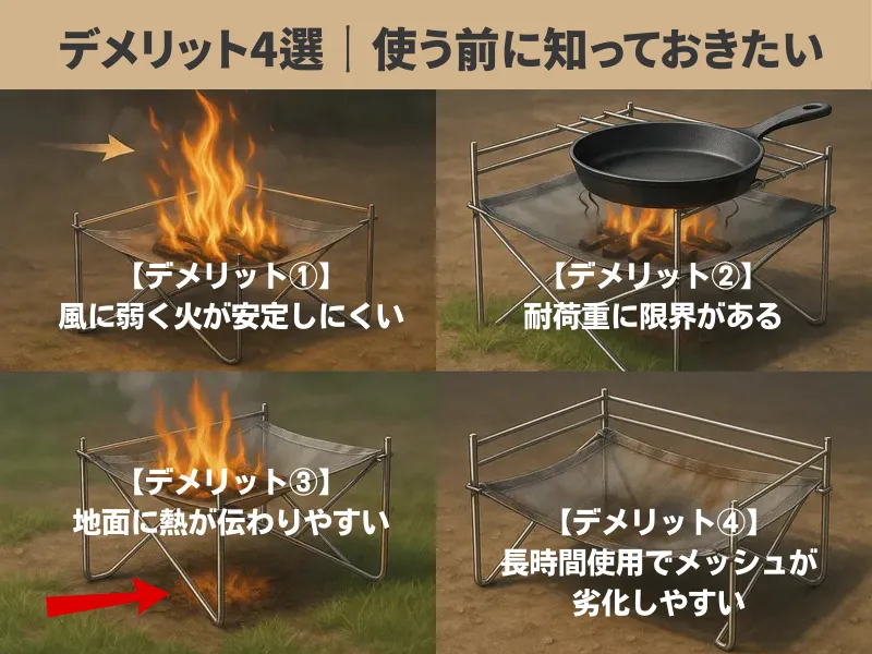 メッシュ焚き火台のデメリットを視覚的に説明した図。風に弱い、耐荷重に限界がある、地面に熱が伝わりやすい、メッシュが劣化しやすいことが示されている。