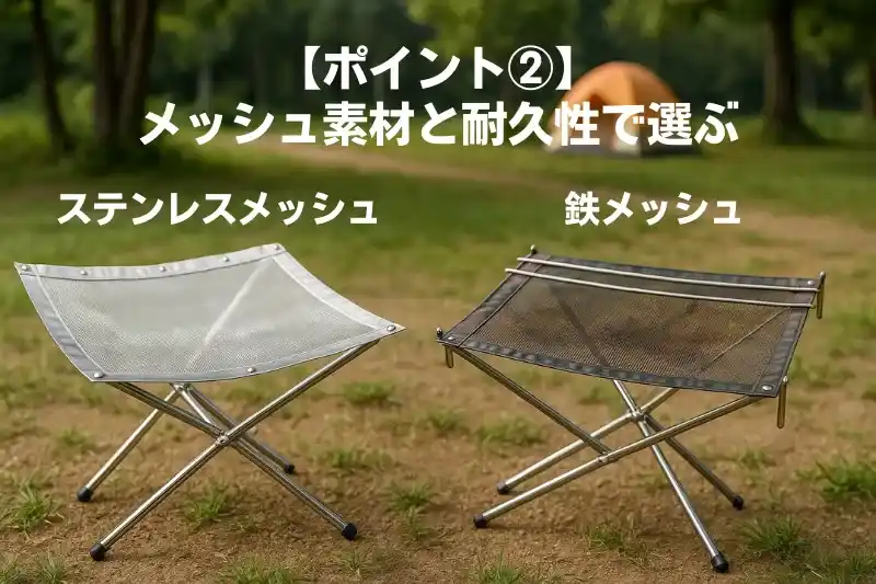 ステンレスメッシュと鉄メッシュの違いを比較する図。ステンレスは耐久性が高く錆びにくい一方、鉄メッシュは軽量でコスパが良いが錆びやすいことが示されている。