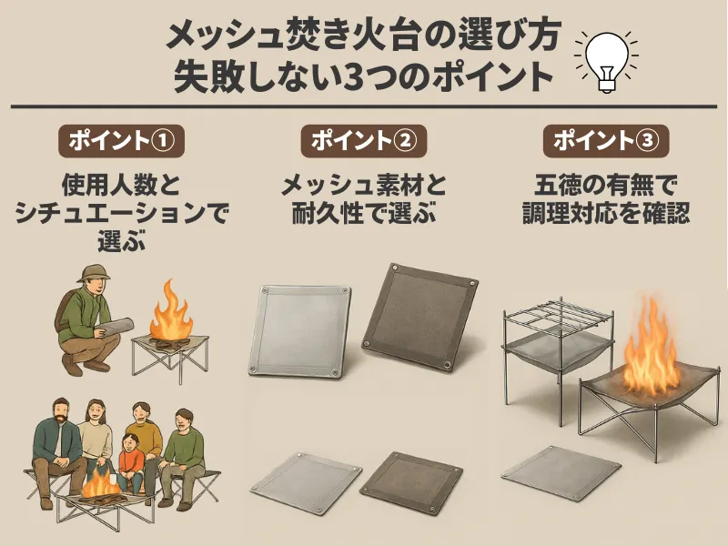 メッシュ焚き火台の選び方を視覚的に説明した図。使用人数とシチュエーションに合わせたサイズ選び、メッシュ素材(ステンレス・鉄)の特徴、五徳の有無による用途の違いを示している。