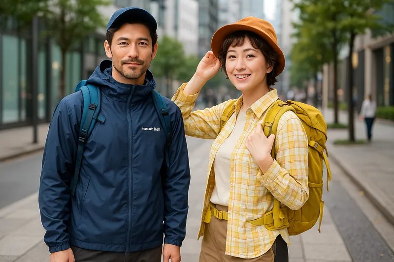 モンベルおじさんとモンベルおばさんの30代日本人男女が街中に立つリアルアニメCGイメージ