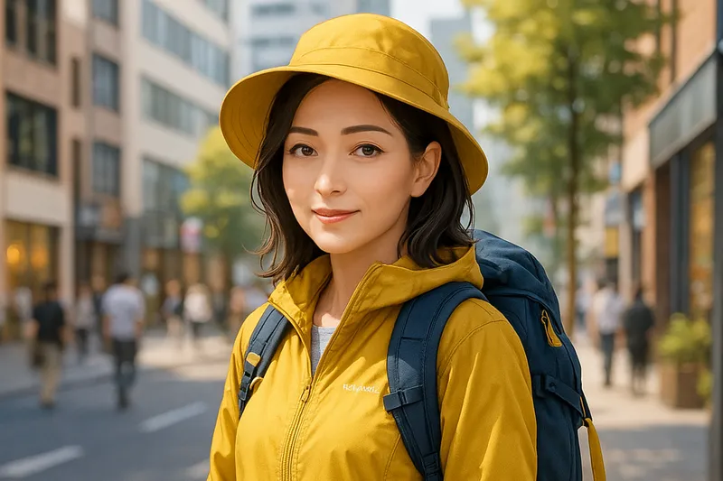 モンベルおばさんコーデ、黄色のアウターと同色の帽子を合わせた少し地味めな30代女性のイメージCG