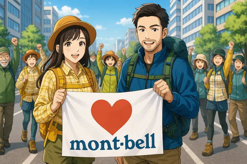 幅広い世代のモンベルおじさんモンベルおばさんが街に集まるアニメCG風イラスト