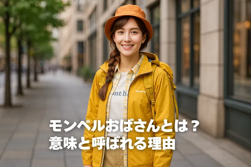 モンベルおばさん風コーデの30代女性、黄色の上着とリュックで街中に立つイメージ