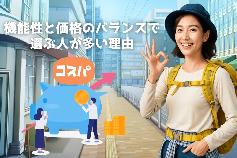 コスパ重視でモンベルを選ぶ30代日本人女性が街中でグッドサインをするイメージ