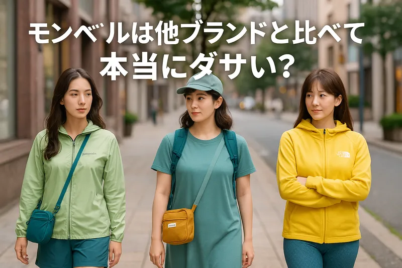 全身モンベルコーデの30代女性が、パタゴニアやノースフェイスなど有名ブランドのコーデの女性たちと並んで比較している様子
