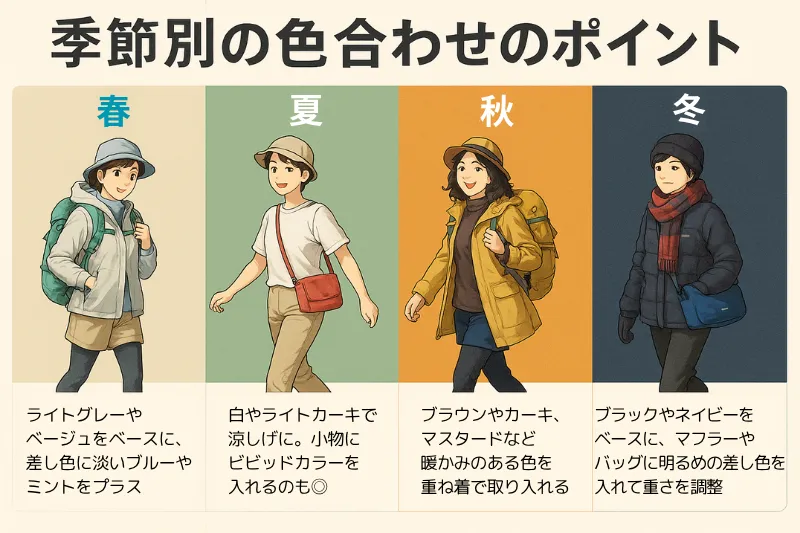 春夏秋冬の季節別にモンベルおばさんコーデを4分割で紹介するイラスト。春は淡いブルー、夏は白とライトカーキ、秋はブラウンとマスタード、冬はネイビーをベースに差し色を合わせた例。
