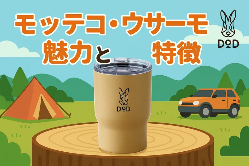 DOD「モッテコ・ウサーモ(タン)」が木製テーブルの上に置かれた、キャンプ場を背景にしたアウトドアシーンの写真