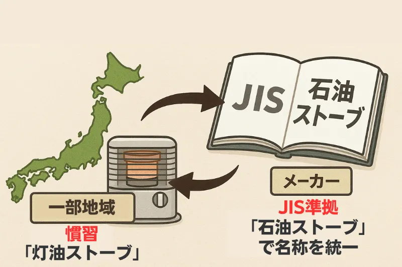 メーカーはJIS規格に基づき「石油ストーブ」と呼び、一部地域では「灯油ストーブ」と呼ばれている様子を対比で示したイラスト。呼び方の違いをわかりやすく解説する図。