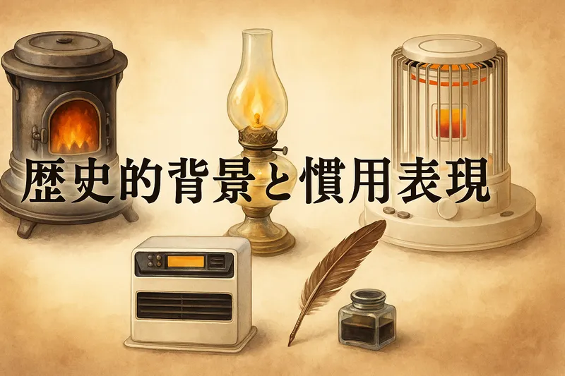 石炭ストーブから現代の石油ストーブまでの進化を描いた歴史イラスト｜日本の暖房器具の変遷と「石油ストーブ」という名称の由来をわかりやすく表現した高品質デジタルイラスト