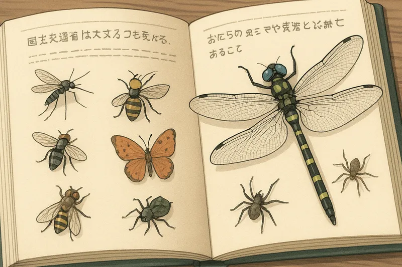 本を開いたページに、「蚊、アブ、ハエ、ハチ、チョウ、クモ」などを描いた自然観察風のイラストと説明文が載っている様子を表現した16:9比率の高画質画像。