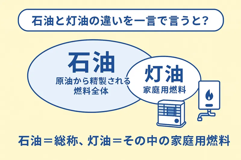 石油と灯油の関係を示す図解。石油は原油から精製される燃料全体を指し、その中にガソリン・灯油・軽油・重油などが含まれることを示す。灯油はその中の一種であり、家庭用燃料として使われることを強調した日本語インフォグラフィック。