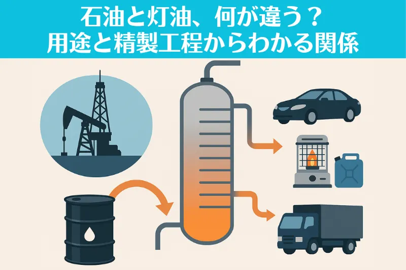 石油と灯油の違いを示す図解。原油から得られる燃料の関係をわかりやすく説明し、石油が総称で灯油が家庭用燃料の一種であることを示す。