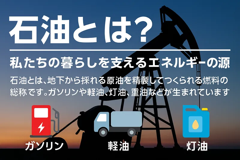 石油の採掘と利用を表す日本語インフォグラフィック。原油の採掘からガソリン・灯油・軽油などが精製され、私たちの暮らしを支えるエネルギー源であることを示した図。