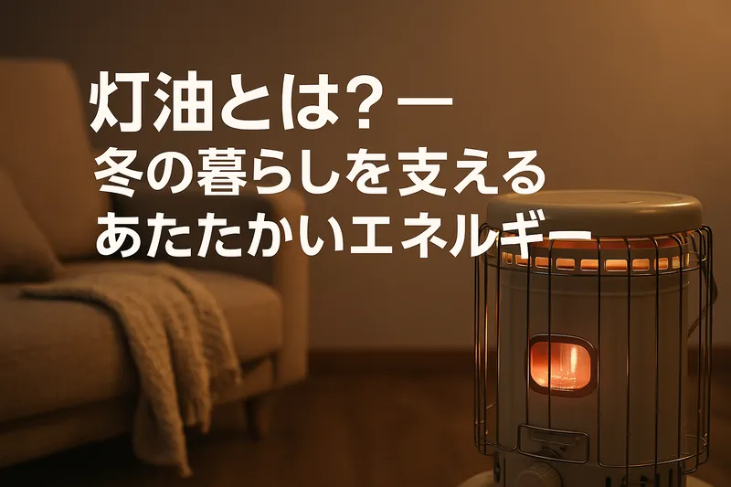 冬の家庭で灯油ストーブを使って温まる様子を描いた日本語イラスト。灯油が家庭用暖房の主要エネルギーとして暮らしを支えていることを表した図。