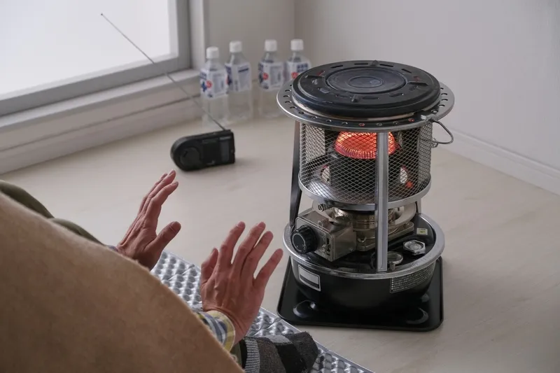 避難所で石油ストーブを使い、電源なしで暖を取る様子を描いた写真。