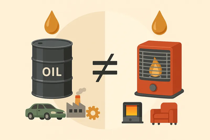 石油と灯油の違いを視覚的に比較したイラスト。左にオイル缶、右に石油ストーブを配置し、不等号で関係を示す。