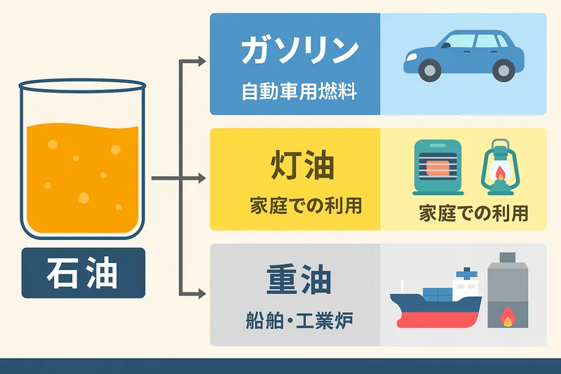 石油と灯油の用途の違いを説明する図。ガソリンや軽油などの輸送・産業燃料と、灯油の家庭用暖房用途を対比したインフォグラフィック。