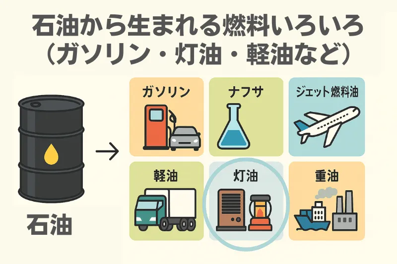 石油から生まれる燃料の種類を説明する図。ガソリン・軽油・灯油・重油の用途を自動車、トラック、ストーブ、船のイラストで表した画像。
