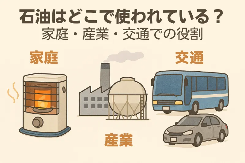 石油の使われ方を説明する図。家庭では石油ストーブや給湯器、産業では工場、交通では車や船で使われる様子をわかりやすく描いたイラスト。