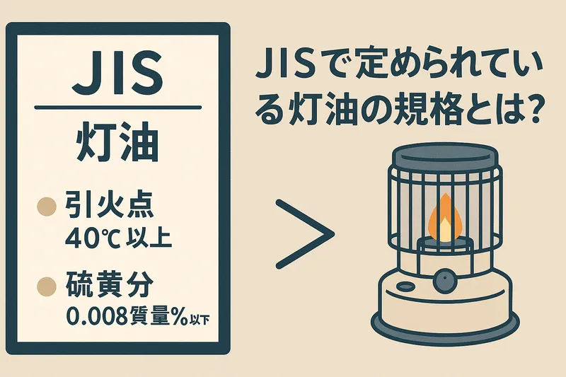 JIS K 2203で定められた灯油の品質基準を示す日本語インフォグラフィック。引火点40℃以上、硫黄分0.008％以下と明記され、安全で環境に配慮した燃料であることを表した図。