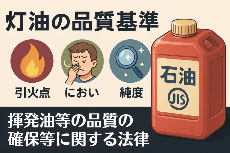 灯油の品質基準を示すイラスト。引火点・におい・純度の3要素を日本語でわかりやすく表現した高画質イラスト。