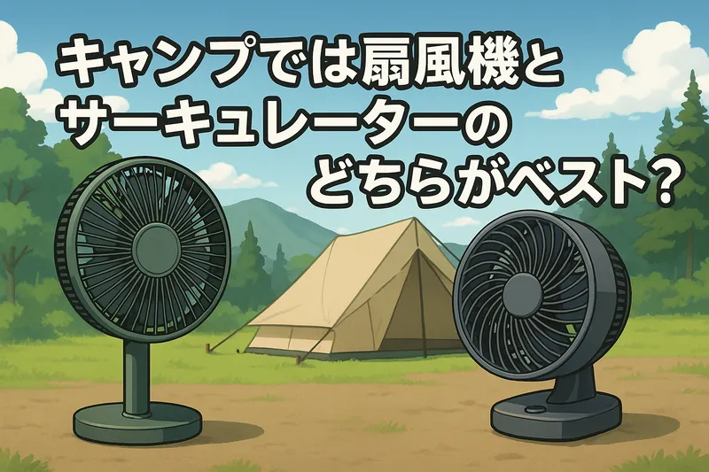 キャンプ場のテント前で扇風機とサーキュレーターを比較しているアニメ調イラスト。『キャンプでは扇風機とサーキュレーターのどちらがベスト？』の文字入り