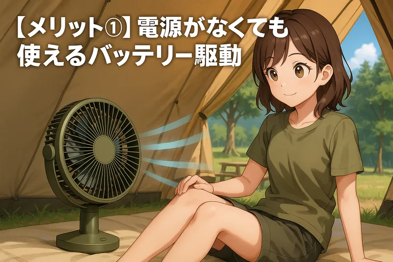 キャンプ場のテント内で充電式扇風機を使い涼しく過ごす女性キャンパーのアニメ調イラスト。メリット① 電源がなくても使えるバッテリー駆動の文字入り
