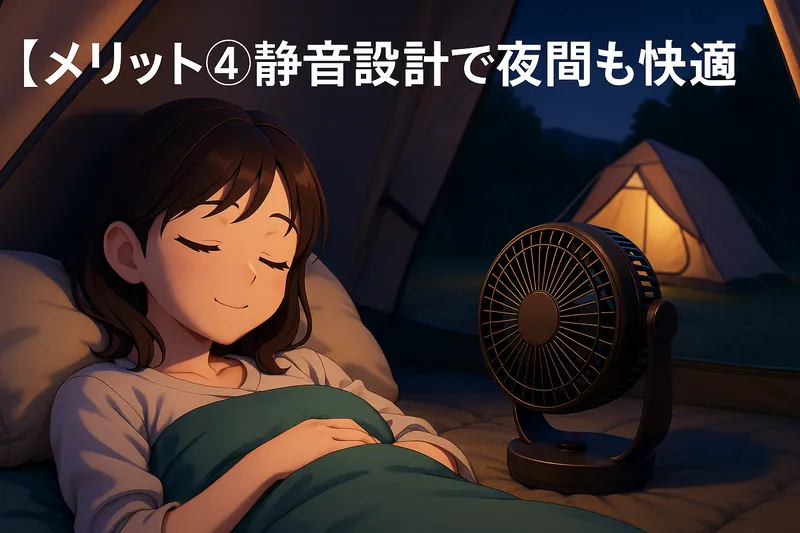 キャンプ場のテント内で静音設計の充電式扇風機を使って快適に眠る女性キャンパーのアニメ調イラスト。メリット④ 静音設計で夜間も快適の文字入り