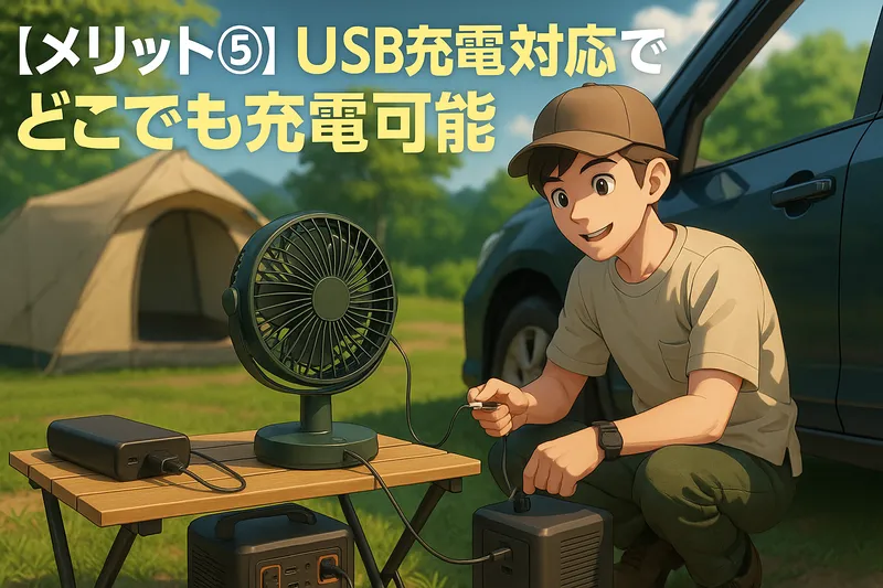 キャンプ場で充電式扇風機をモバイルバッテリー・車の充電ポート・ポータブル電源でUSB充電しているアニメ調イラスト。メリット⑤ USB充電対応でどこでも充電可能の文字入り