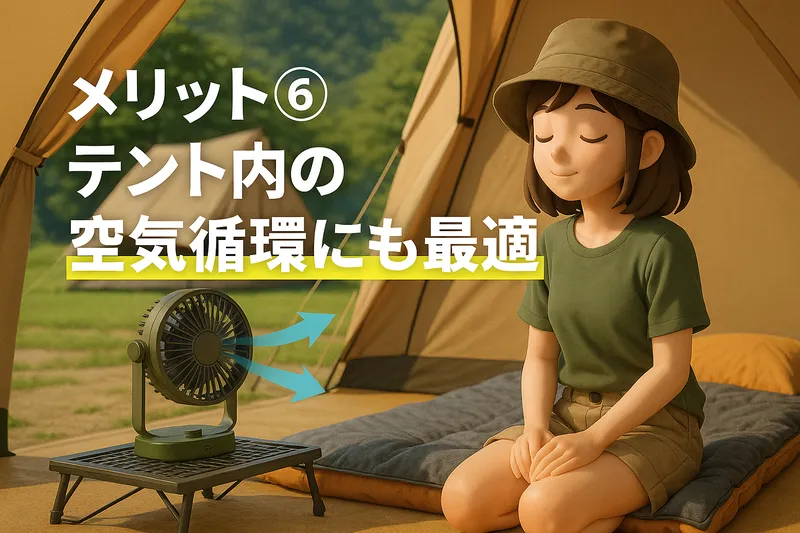 テント内で充電式扇風機を使い空気を循環させている女性キャンパーのアニメ調イラスト。メリット⑥ テント内の空気循環にも最適の文字入り