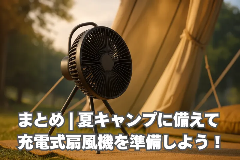キャンプ場に置かれたポータブル充電式扇風機の3Dイメージ。バックにはテントと自然が広がり、夏キャンプの快適さを表現している。