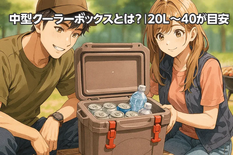 中型クーラーボックスに缶やペットボトルを収納している様子と、両隣にデュオキャンパーを描いたアニメ調イラスト