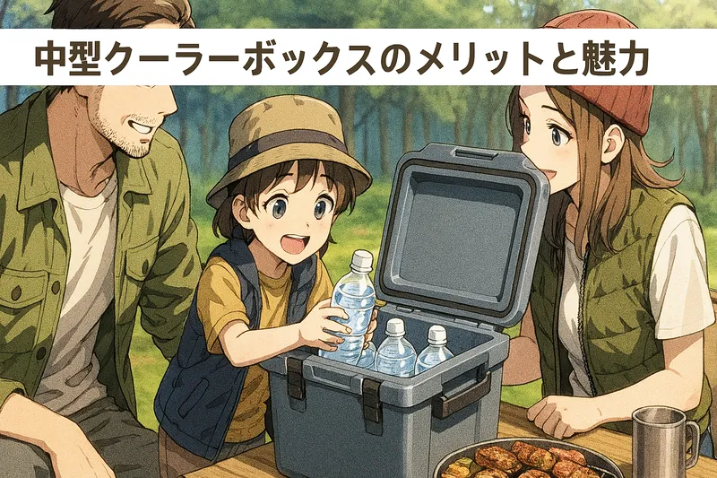 中型クーラーボックスからペットボトルを取り出す子どもキャンパーを描いたアニメ風イラスト