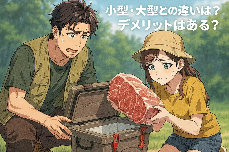 中型クーラーボックスに大きな食材が入らず困っているファミリーキャンパーを描いたアニメ調イラスト