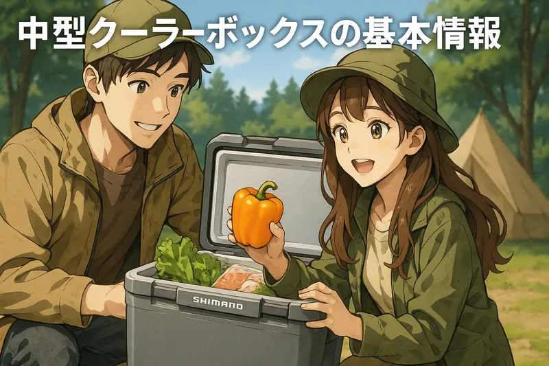 中型クーラーボックスから食材を取り出すデュオキャンパーを描いたアニメ風イラスト