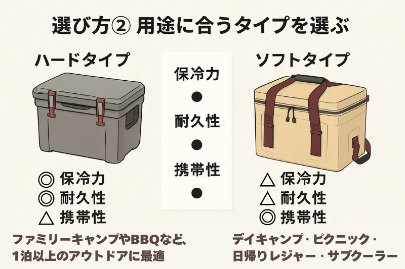 ハードタイプとソフトタイプのクーラーボックスを比較する日本語インフォグラフィック。使用シーンに応じたタイプ選びを解説。