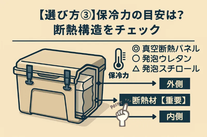 断熱構造や素材の違いを図解で比較し、クーラーボックスの保冷力の目安を解説する日本語インフォグラフィック（アイキャッチ用）