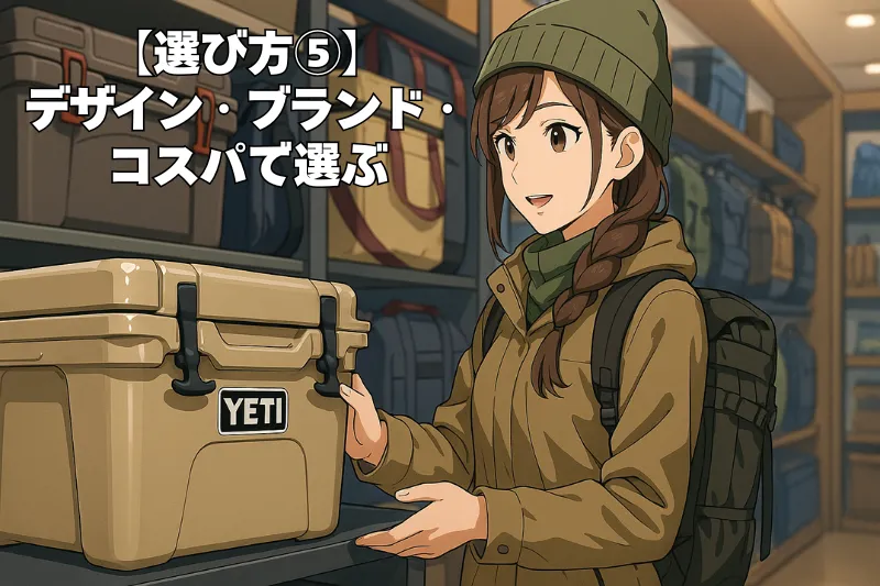 中型クーラーボックスの中でもYETIブランドを選んでいるキャンパーの様子を描いたアニメ風イラスト。