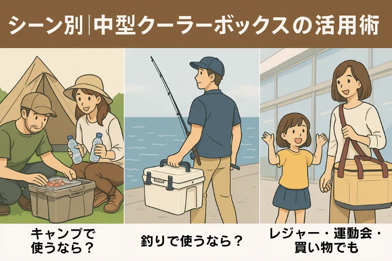 キャンプ・釣り・レジャーなどシーン別に中型クーラーボックスを活用する方法を紹介した日本語インフォグラフィック