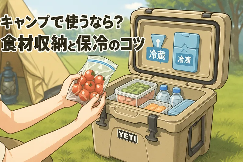 キャンプで中型クーラーボックスを使い、食材を効果的に収納し保冷する方法を紹介するイラスト