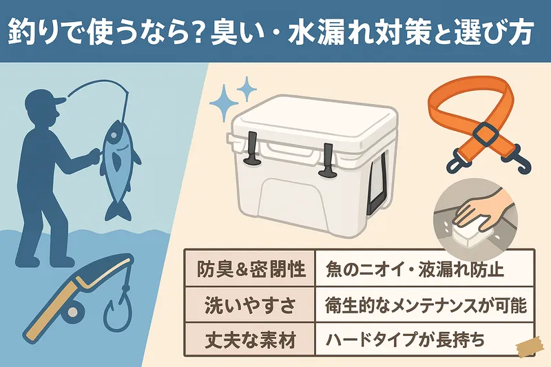 釣りで中型クーラーボックスを使う際の臭い対策や水漏れ防止のポイントを描いたイラスト