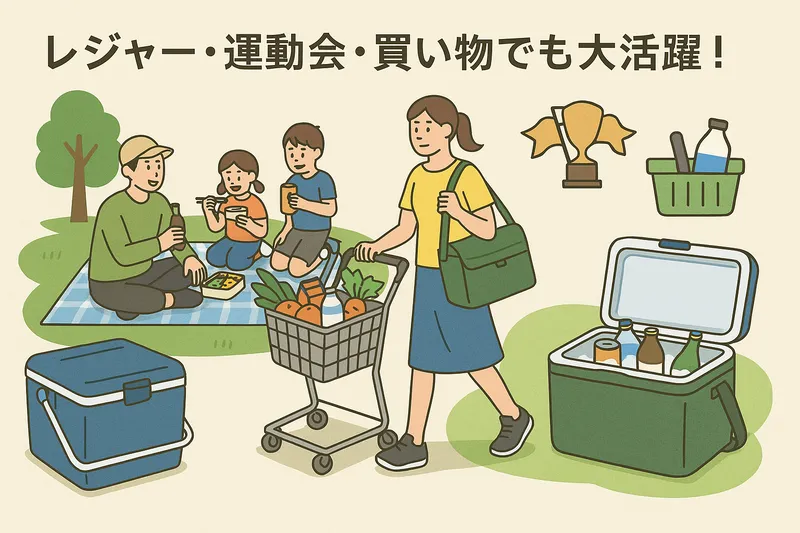中型クーラーボックスがレジャー・運動会・買い物で活躍する様子を表現した家族向けイラスト