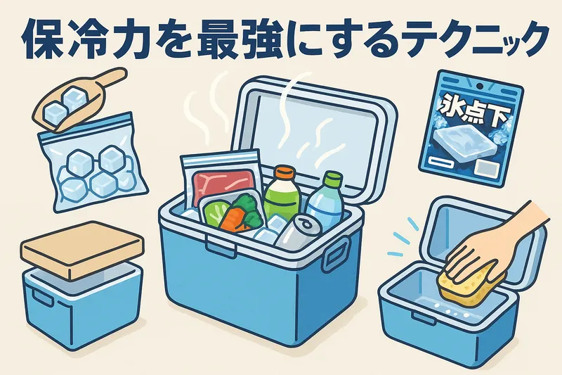 中型クーラーボックスの保冷力を最大限に引き出すためのテクニックを紹介する日本語インフォグラフィック